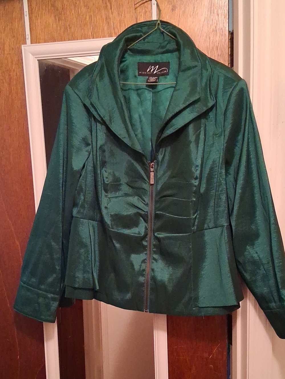 Midnight Velvet Satin Eme Inrald Zip-Front Blazer